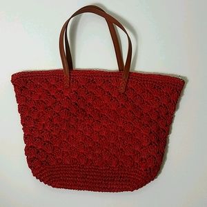 Dress Barn red straw zipper top tote bag